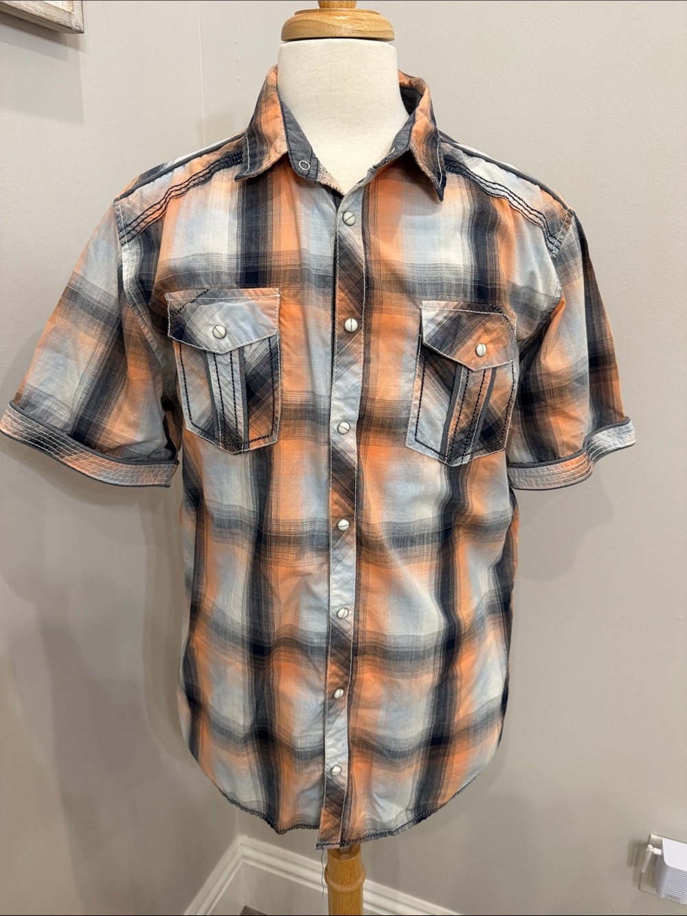 BKE Men's Short-Sleeve Plaid Button-Down Shirt in Orange, Black & White